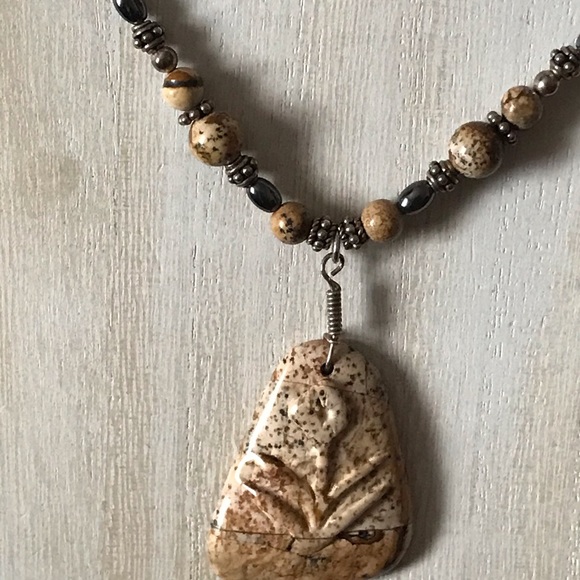 Natural Carved Stone Necklace/Earring Set w/925 SS - Picture 2 of 6